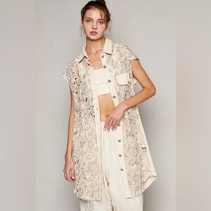 O-11 POL Tan Cream Embroidered Lace Thermal Button Long cardigan dress vest
